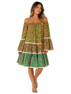 Marina St Barth Sequin Floral Off-Shoulder Bell Sleeve Mini Dress Luxe Resort